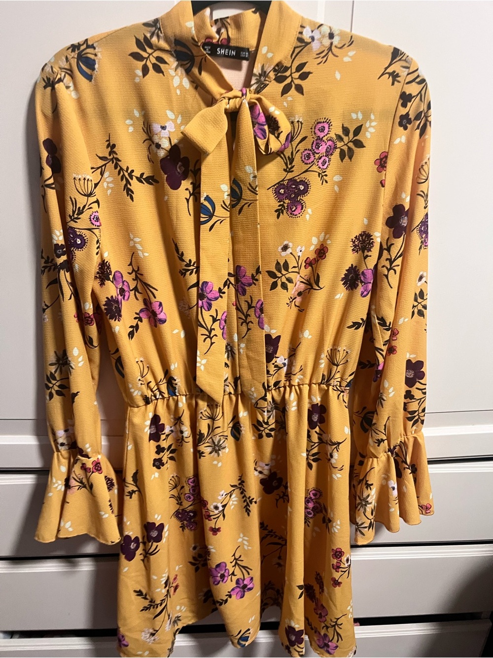 SHEIN Mustard Floral Tie-Neck Blouse with Purple Accents